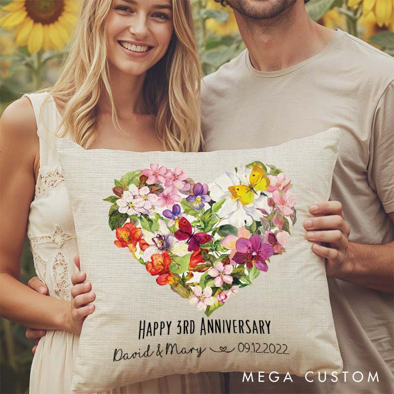 Personalized Floral Heart Anniversary Pillow Couple Wedding Anniversary with Name and Date Romantic Floral Heart Pillow for Him Her