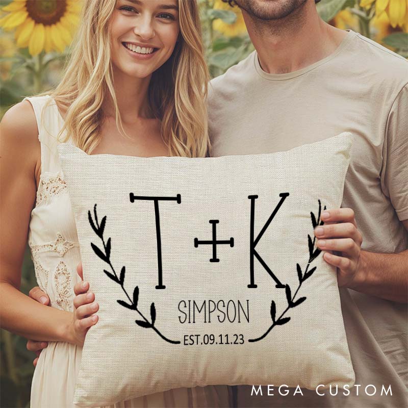 Personalized Couple Initials Pillow Custom Husband Wife Wedding Anniversary Gift Pillow Rustic Laurel Design Anniversary Pillow for Couple