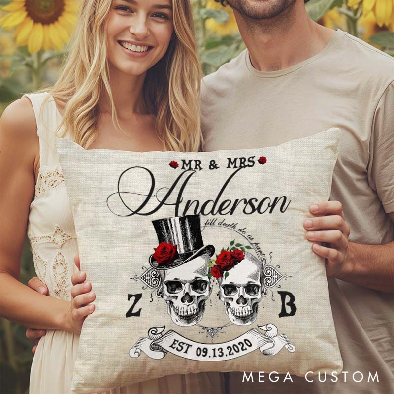 Personalized Gothic Couple Anniversary Pillow Woman Man Wedding Anniversary Pillow Skull Couple Design Pillow with Name and Established Date