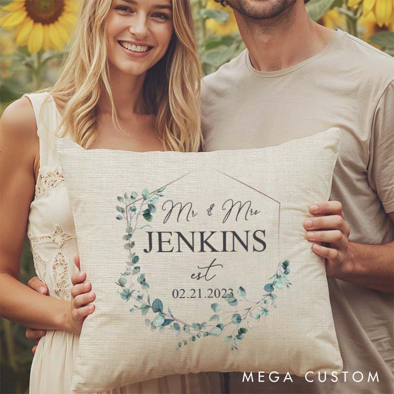 Personalized Mr. and Mrs. Pillow Couple Wedding Anniversary Pillow Elegant Floral Wreath Design Pillow with Name and Date