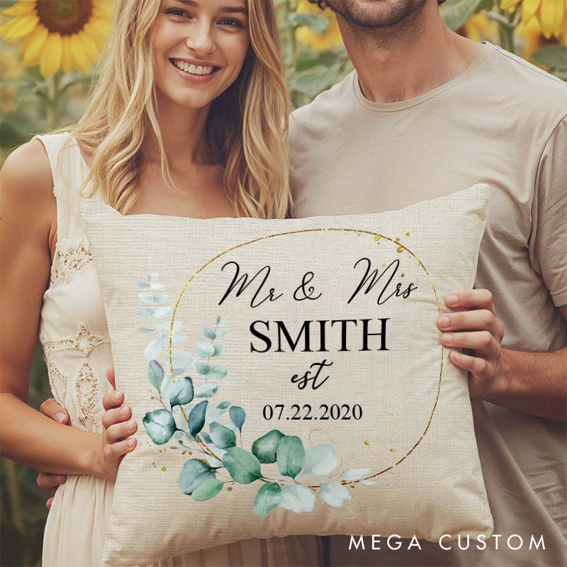 Personalized Mr. and Mrs. Anniversary Pillow Couple Wedding Anniversary Pillow Elegant Greenery Wreath Design Pillow with Name and Date