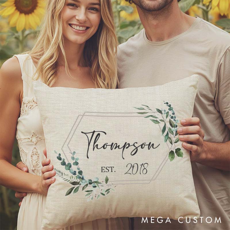 Personalized Couple Anniversary Named Pillow Elegant Greenery Design Pillow with Established Date Husband Wife Anniversary Gift Pillow