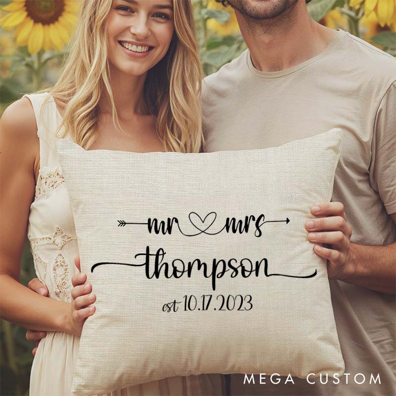 Personalized Mr. and Mrs. Pillow Couple Anniversary Pillow for Husband Wife Elegant Arrow and Heart Design Pillow with Last Name and Date