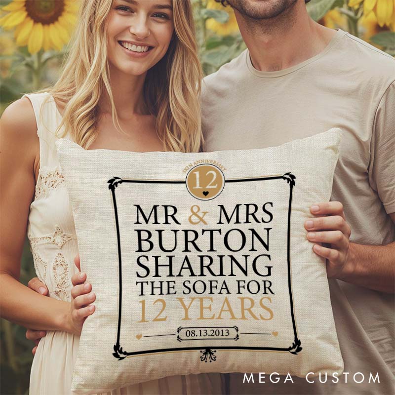 Personalized Couple Anniversary Pillow Funny "SHARING THE SOFA" Design Pillow with Name Date Couple Wedding Anniversary Pillow for Husband Wife