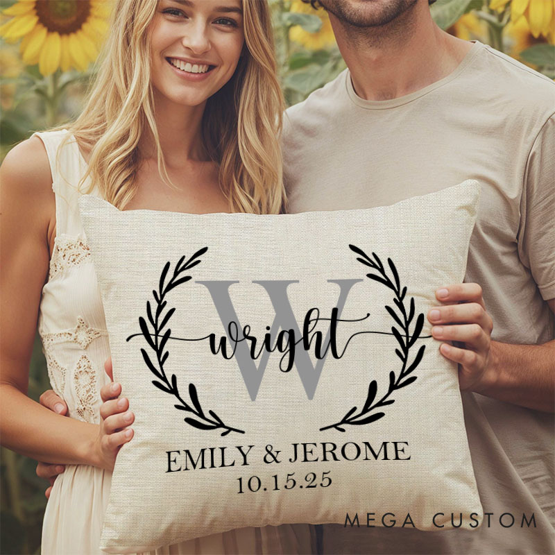 Personalized Couple Elegant Wreath Pillow with Initials Couple Name Valentine's Day Pillow Mr. and Mrs. Pillow Husband Wife Gift for Him Her
