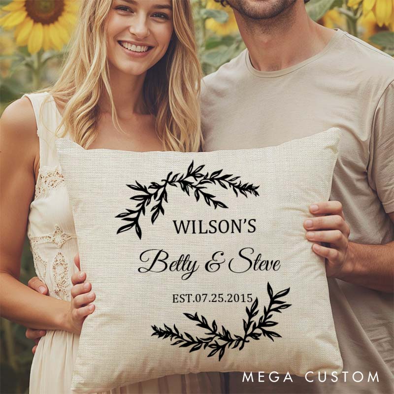 Personalized Couple Wedding Anniversary Pillow Husband Wife Cotton Anniversary Pillow Elegant Wreath Design Pillow with Names and Date