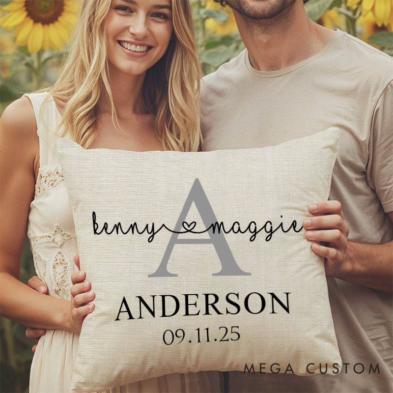Personalized Couple Minimalist Mr. and Mrs. Pillow with Initials Custom Couple Name Valentine's Day Pillow with Date Husband Wife Pillow for Him Her
