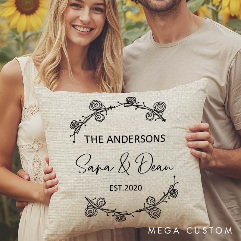 Personalized Couple Wedding Anniversary Pillow Rose Wreath Design Pillow with Names and Year Husband Wife Anniversary Gift