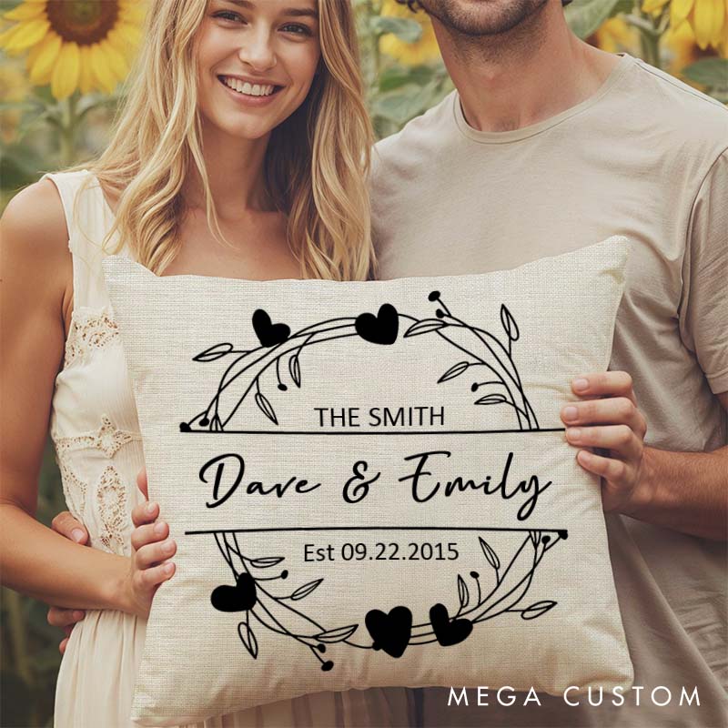 Personalized Couple Pillow Husband Wife Anniversary Pillow Romantic Heart Wreath Design Pillow with Names and Established Year