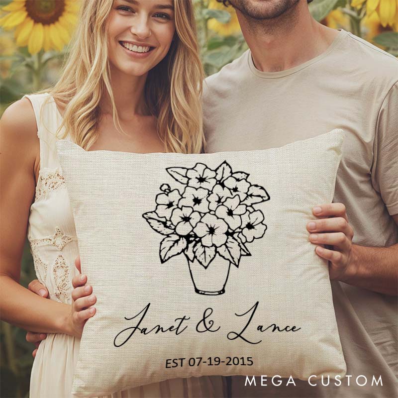 Personalized Floral Couples Pillow Couple Wedding Anniversary Gift Pillow for Her Him Elegant Design Pillow with Names and Established Date