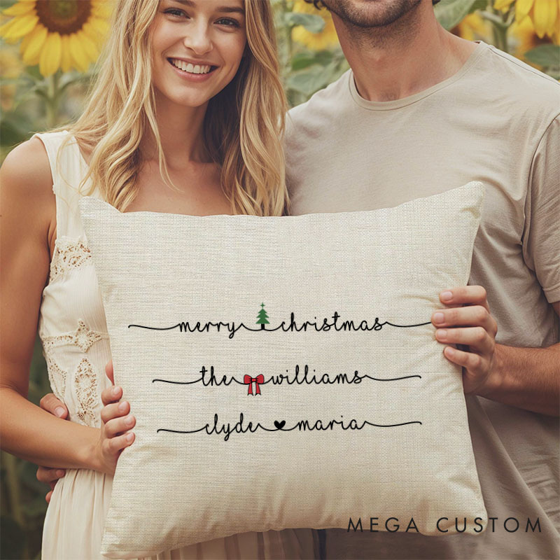 Personalized Couple Merry Christmas Pillow Custom Couple Xmas Tree and Bow Pillow with Name Boyfriend Girlfriend Gift Husband Wife Pillow for Him Her