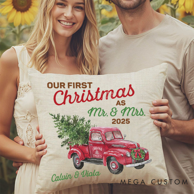 Personalized Couple Our First Christmas as Mr. and Mrs. Pillow Newlyweds Name Pillow Xmas Truck with Tree Pillow Husband Wife Pillow for Him Her