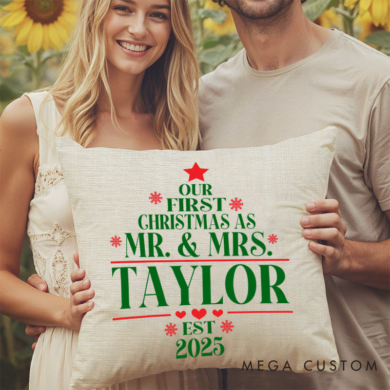 Personalized Couple Our First Christmas as Mr. and Mrs. Pillow Newlyweds Name Pillow Xmas Tree Pillow 2025 Husband Wife Pillow for Him Her