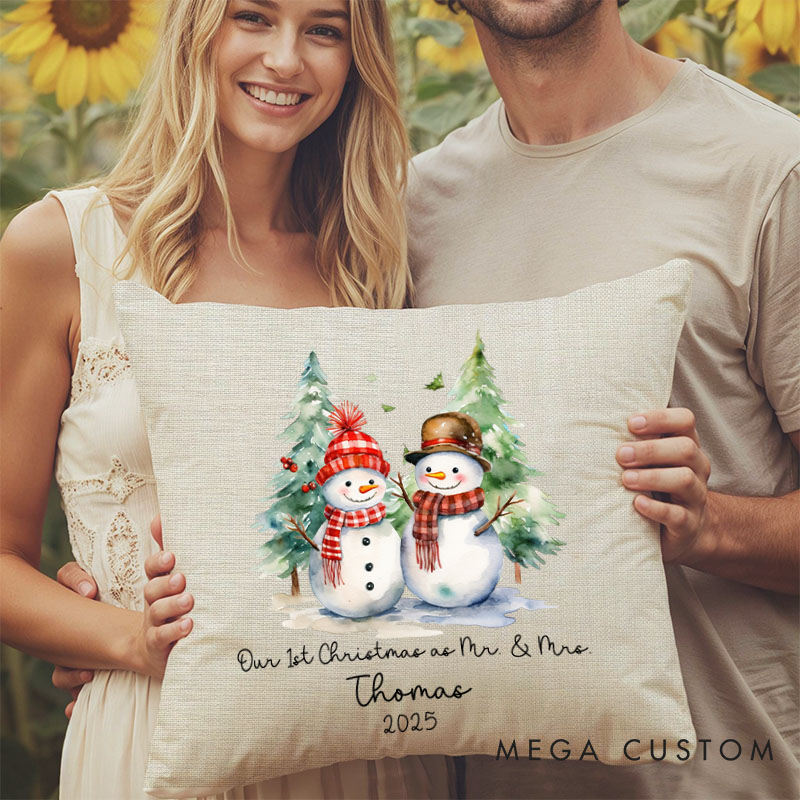 Personalized Couple Our First Christmas as Mr. and Mrs. Pillow Newlyweds Name Pillow Xmas Snowman and Tree Pillow 2025 Husband Wife Pillow for Him Her
