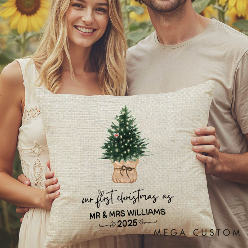 Personalized Couple Our First Christmas as Mr. and Mrs. Pillow Newlyweds Name Pillow Xmas Tree and Heart Pillow 2025 Husband Wife Pillow for Him Her