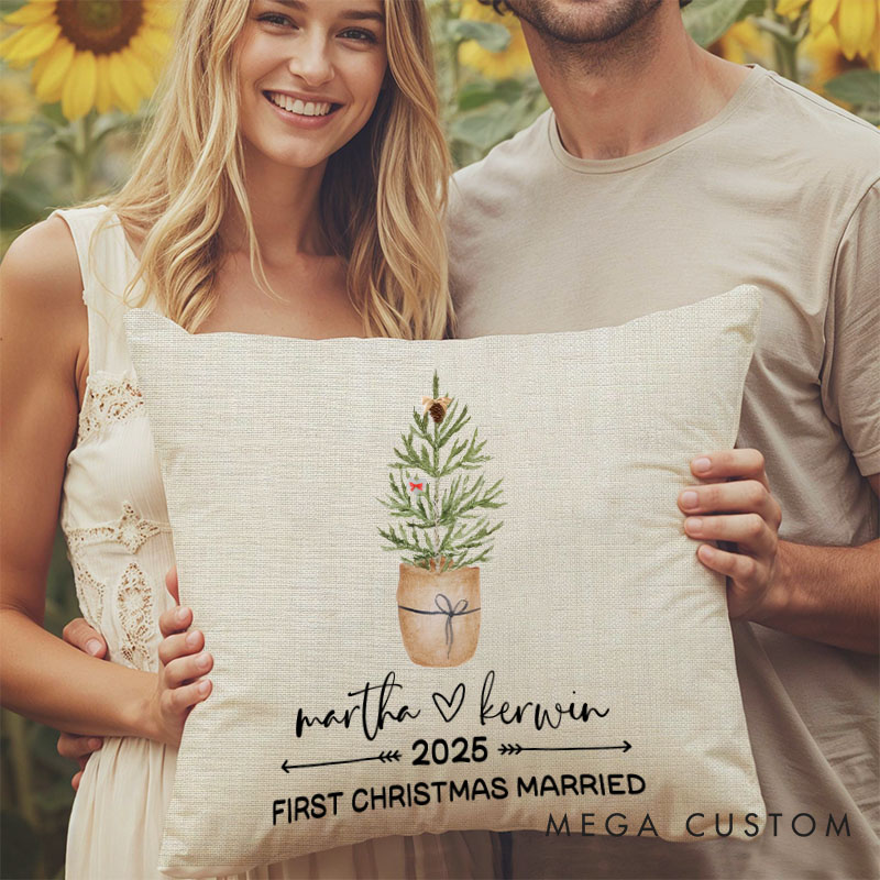 Personalized Couple First Christmas Married Pillow Newlyweds Name Pillow Xmas Tree and Heart Pillow 2025 Hubby Wifey Husband Wife Pillow for Him Her