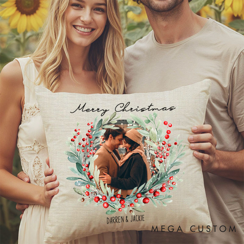 Personalized Couple Merry Christmas Wreath Pillow with Photo Custom Name Pillow Boyfriend Girlfriend Xmas Pillow Husband Wife Pillow for Him Her