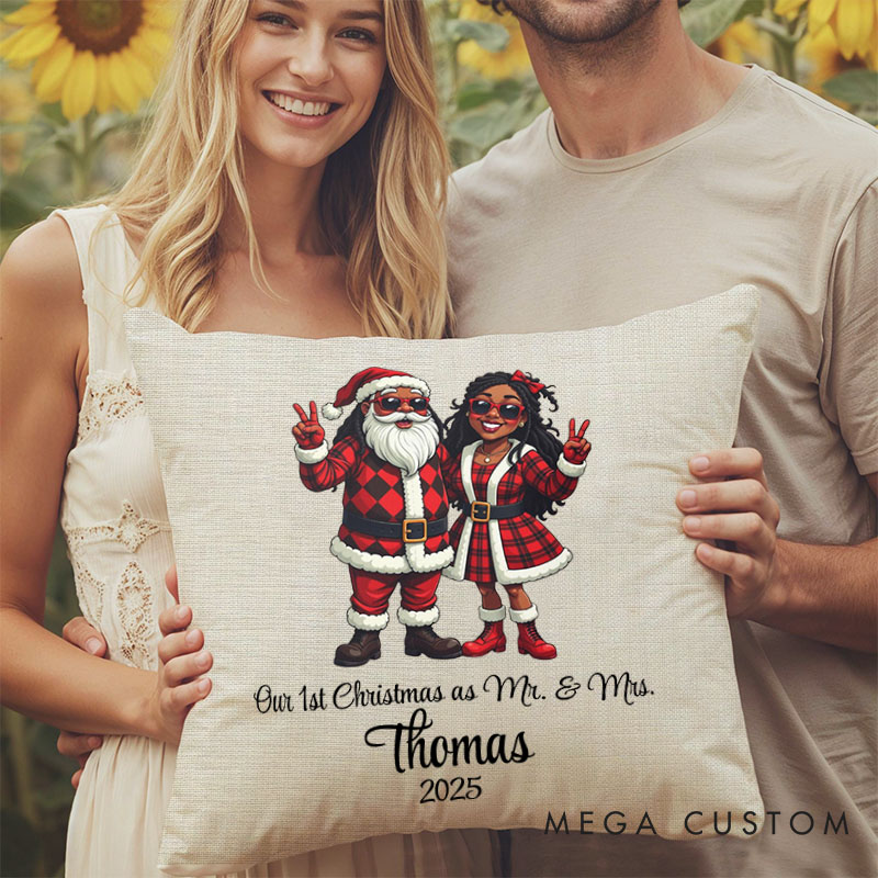 Personalized Santa Couple Our First Christmas as Mr. and Mrs. Pillow Newlyweds Name Pillow Xmas Pillow Hubby Wifey Husband Wife Pillow for Him Her