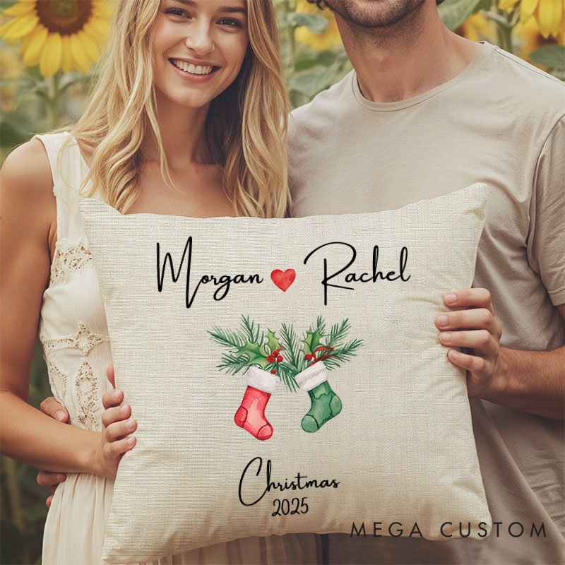 Personalized Couple Christmas Stocking Pillow Custom Couple Name with Heart Pillow Xmas Pillow Boyfriend Girlfriend Husband Wife Pillow for Him Her