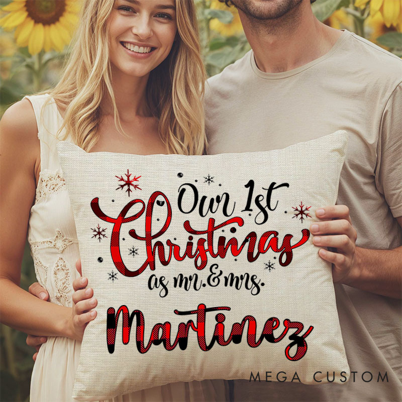 Personalized Couple Red Plaid Our First Christmas as Mr. and Mrs. Pillow Newlyweds Name Pillow Xmas Pillow Hubby Wifey Husband Wife Pillow for Him Her