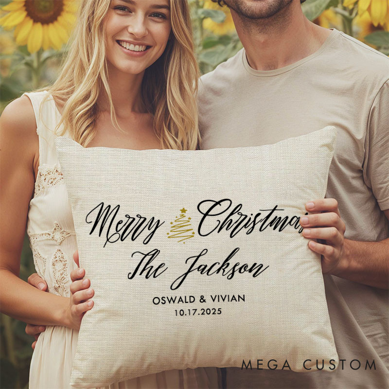 Personalized Couple Merry Christmas with Xmas Tree Pillow Newlyweds Name Pillow Xmas Pillow Hubby Wifey Husband Wife Pillow for Him Her