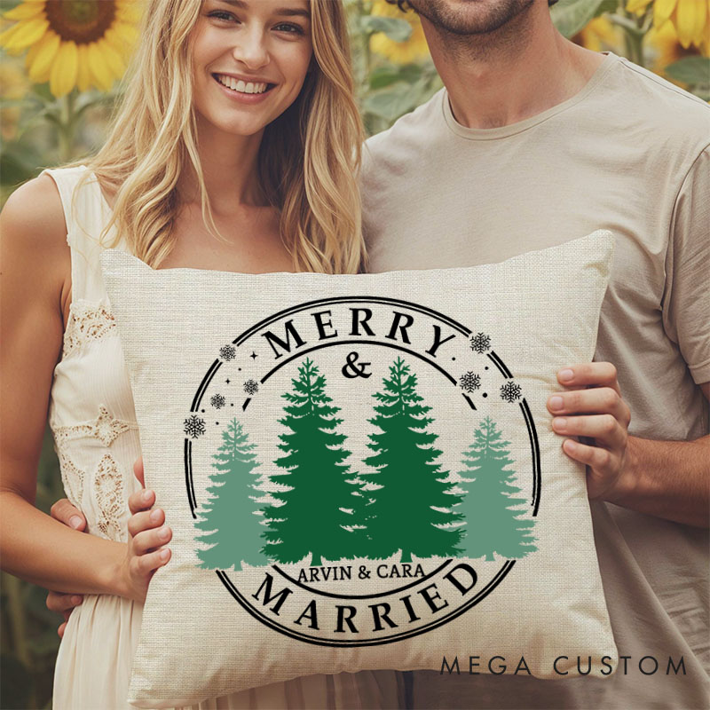 Personalized Couple Merry and Married Christmas Pillow Custom Newlyweds Name Pillow Xmas Tree Pillow Hubby Wifey Gift Husband Wife Pillow for Him Her