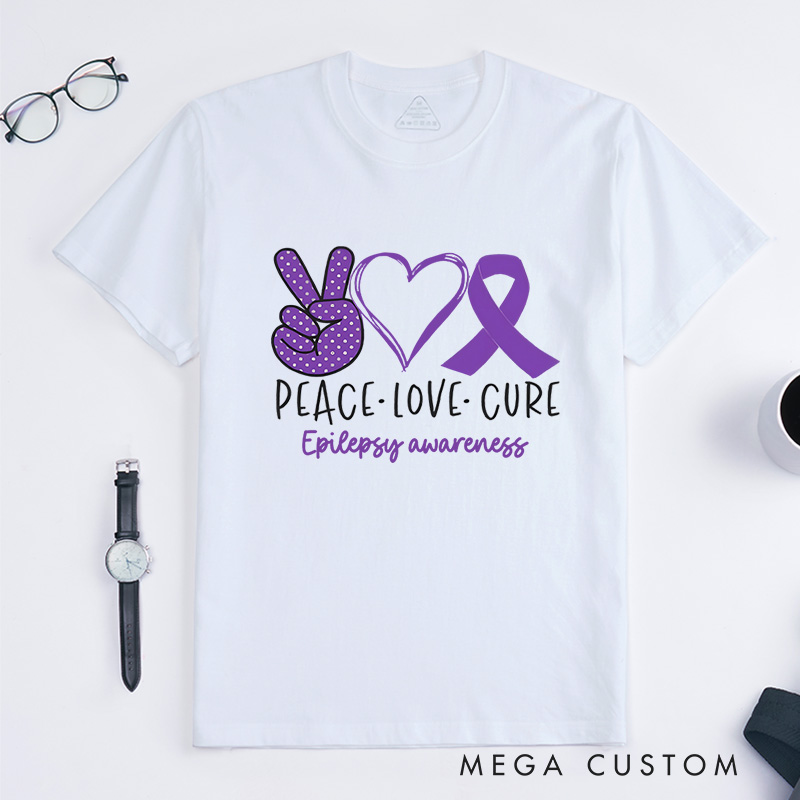 Personalized Peace Love Cure Hearts and Ribbon Design Supporting Epilepsy Awareness and Positivity T-shirt