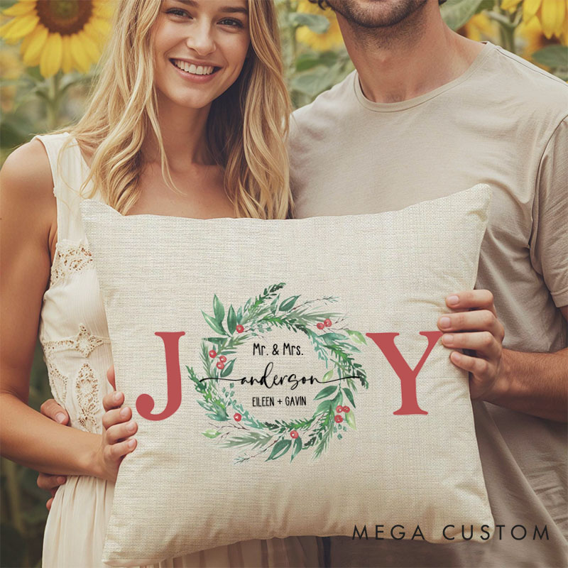 Personalized Couple JOY with Wreath Christmas Pillow Custom Newlyweds Name Pillow Mr. and Mrs. Xmas Pillow Hubby Wifey Husband Wife Pillow for Him Her
