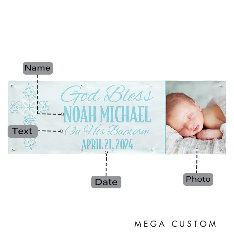 Personalized God Bless Baptism Celebration Photo Banner with Name and Photo Party Decor Religious Gift Baptism Gift for Boys and Girls