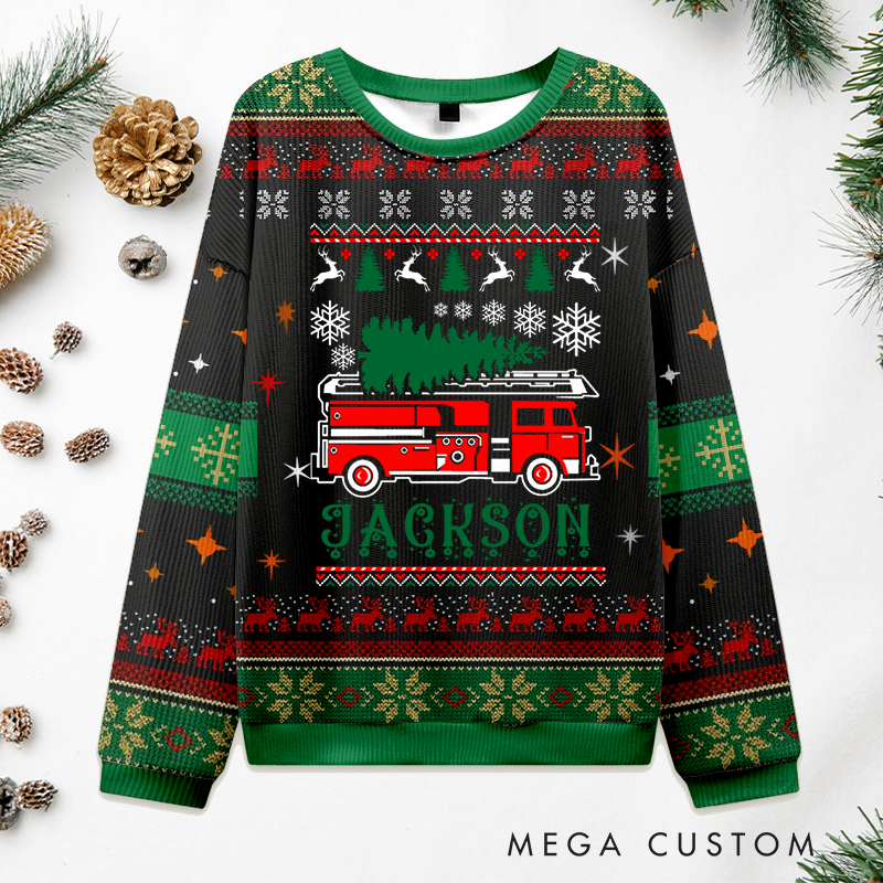 Personalized Firefighter Christmas Sweater Fire Truck with Christmas Tree Design Sweatshirt Gift for Firefighters