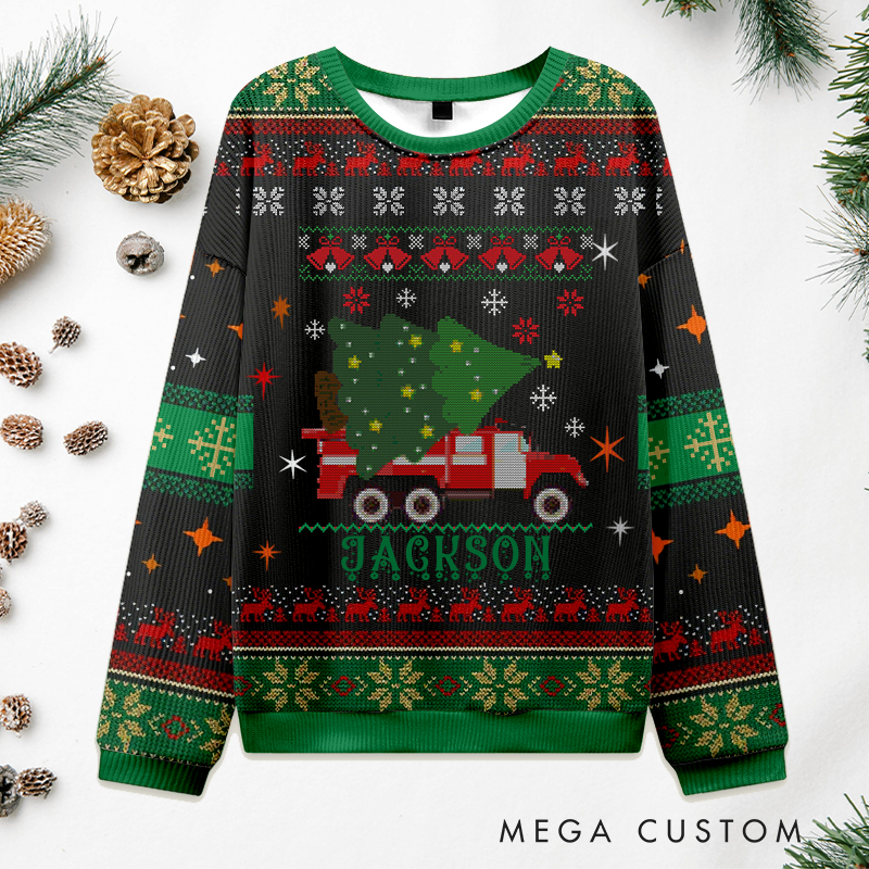 Personalized Firefighter Christmas Sweater Fire Truck with Christmas Tree Design Sweatshirt Gift for Firefighters