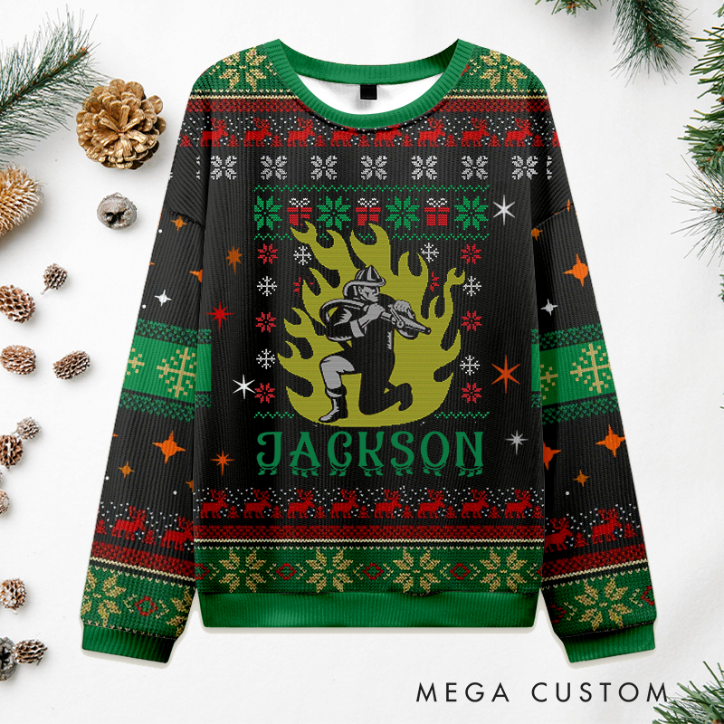 Personalized Firefighter Christmas Sweater Firefighter in Flames Design Sweatshirt Gift for Firefighters