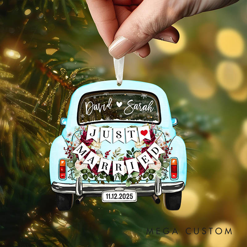 Personalized Couple Just Married Wedding Floral Car Acrylic Christmas Ornament Newlywed Name Xmas Christmas Ornaments for Husband Wife Hubby Wifey
