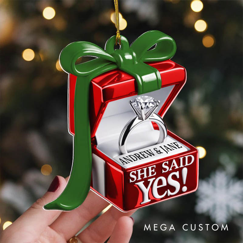 Personalized Couple Engagement She Said Yes Ring Box Acrylic Custom Christmas Ornament Newlywed Name Xmas Christmas Ornaments for Husband Wife