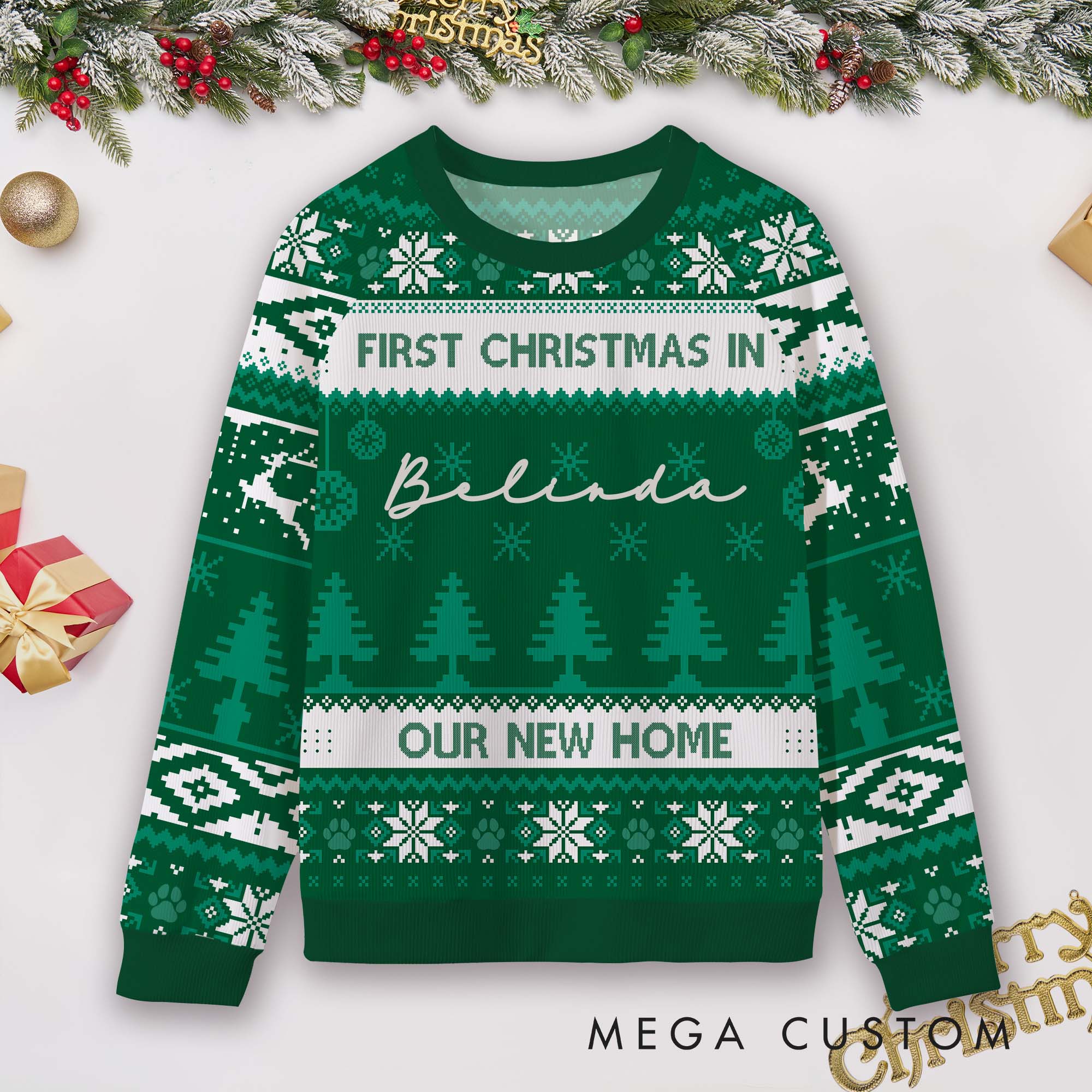 Personalized First Christmas in Our New Home Ugly Sweater Custom Housewarming Gift Festive Holiday Sweatshirt for Family Christmas Party Decorations