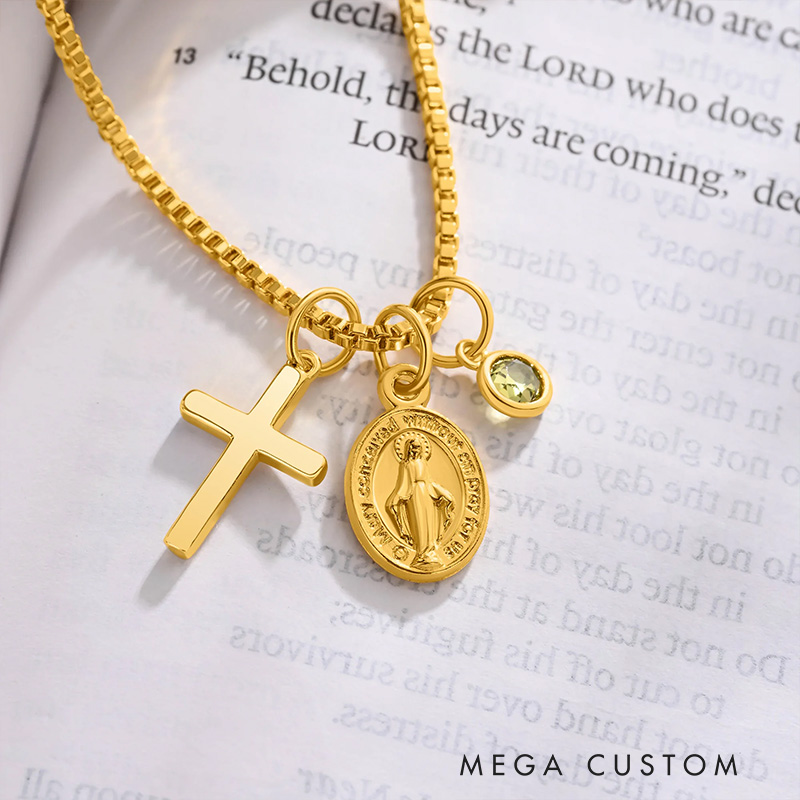 Personalized Virgin Mary Cross Necklace with Birthstone Dainty Jewelry Birthday Gift Religious Gift for Christian Women 