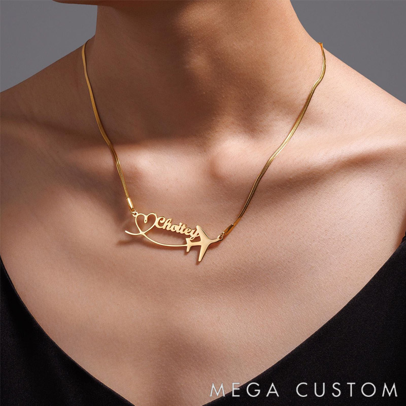 Personalized Name Necklace for Travel Enthusiasts Heart-Shaped Airplane