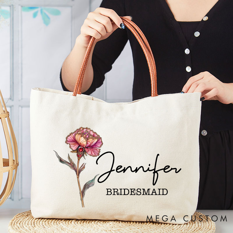 Personalized Bridesmaid Retro Oil Painting Birth Flower with Birthstone Large Jute Tote Bag
