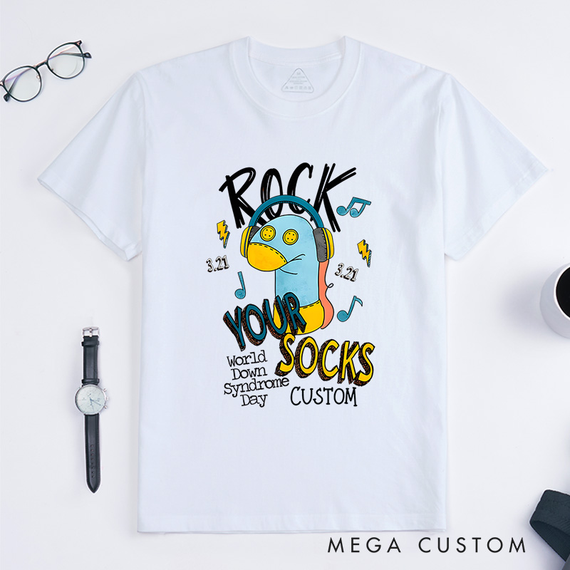 Personalized Rock Your Socks Fun Illustration Supporting World Down Syndrome Day Awareness T-shirt