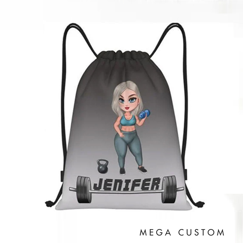 Personalized Cartoon Fitness Girl Design Water Resistant Drawstring Backpack with Name Gym Workout Birthday Gift for Sports Fitness Lovers