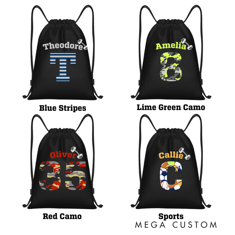 Personalized Stripes Camo Sports Pattern Name Drawstring Bag with Initial or Number Birthday Gift for Fitness Gym Sports Lovers