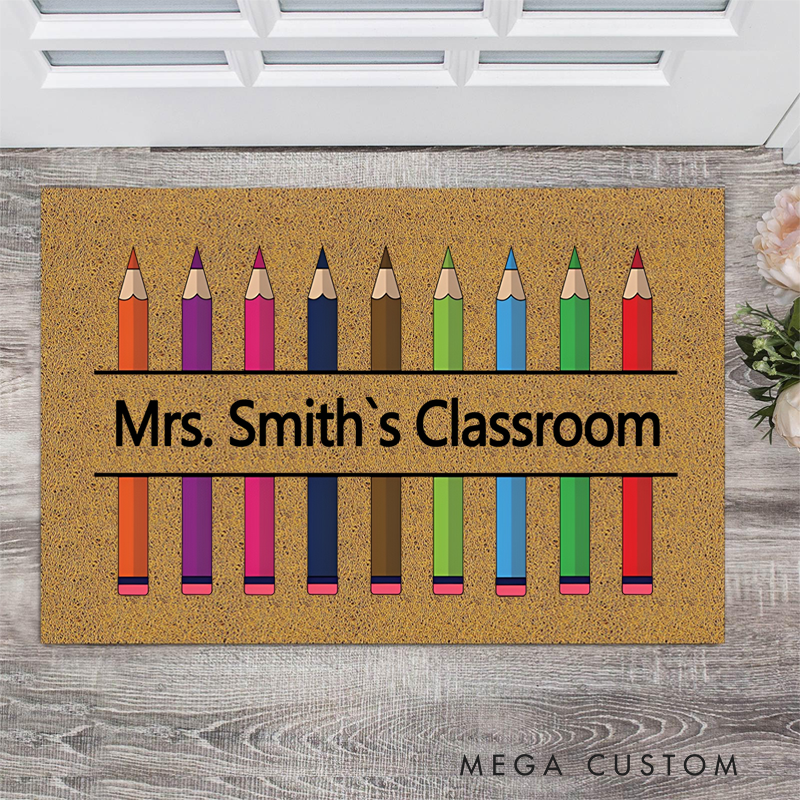 Personalized Door Mat for Teacher with Color Pencils Design Teacher Welcome Mat Teacher Housewarming Gift