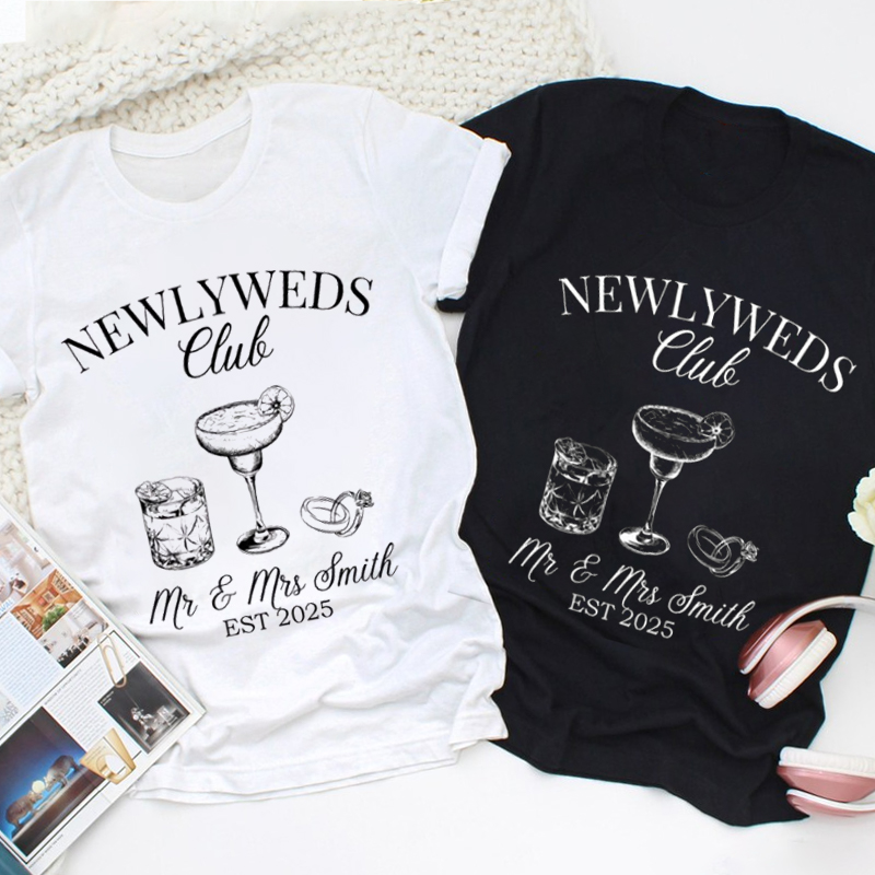 Personalized Rustic Newlyweds Club with Cocktails Mr and Mrs Wedding Couple Classic T-Shirt