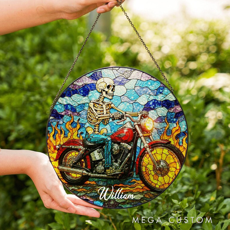 Personalized Skeleton Riding Motorcycle Stained Glass Suncatcher Gothic Window Decor Gift for Biker Friend