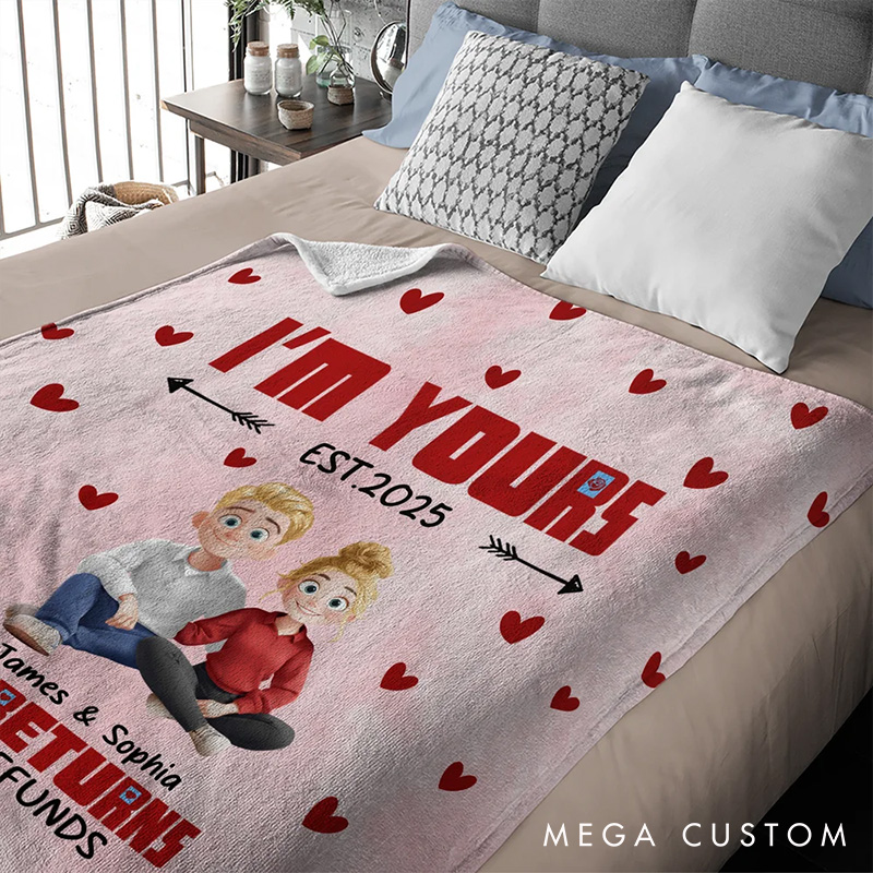 Personalized I'm Yours Couple Blanket Cute 3D Cartoon Couple Soft Throw Blanket with Name and Text Valentine's Day Anniversary Gift for Couples Lovers