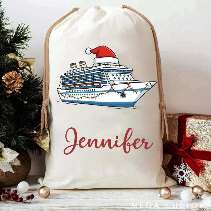 Personalized Travel Christmas Sack with Santa Hat Plane Gift for Travel Lovers and Custom Name