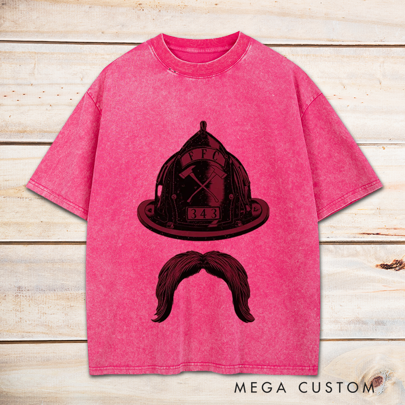 Personalized Firefighter Washed T-Shirt Fire Helmet and Mustache Minimalist Design Unique Gift for Firefighters