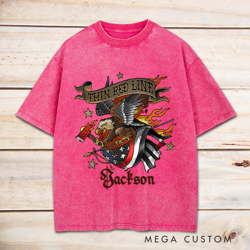 Personalized Firefighter Washed T-Shirt Thin Red Line Eagle and Flag Patriotic Design Unique Gift for Firefighters