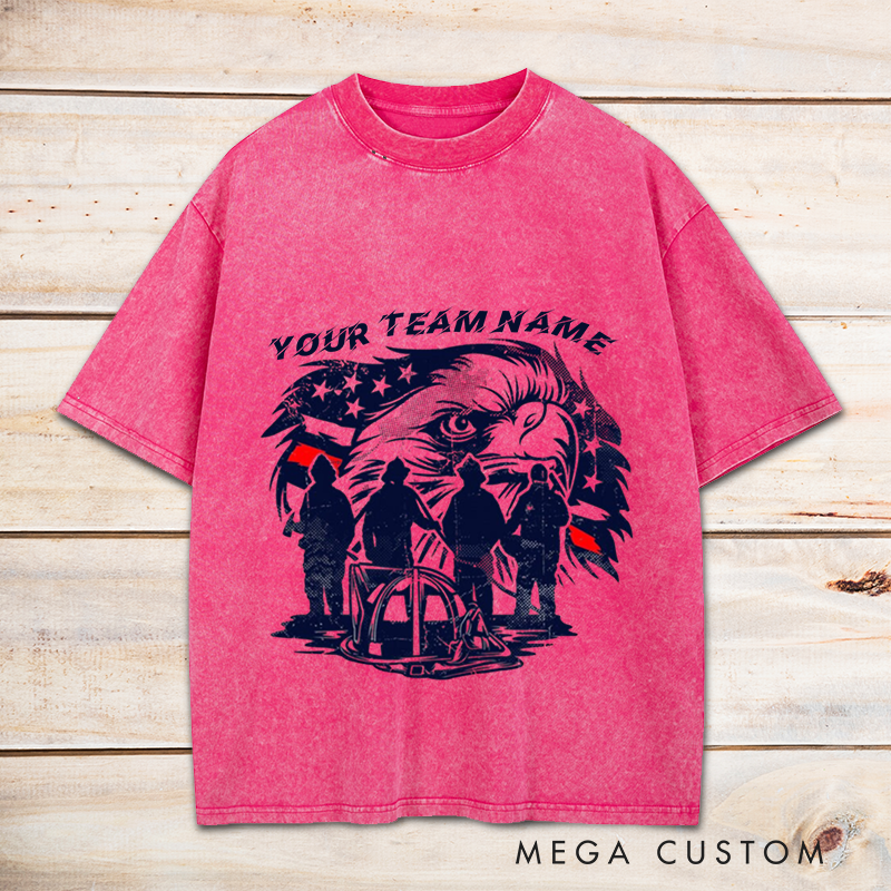Personalized Firefighter Washed T-Shirt Custom Team Name Bald Eagle and Firefighter Silhouette Design Gift for Firefighter Teams