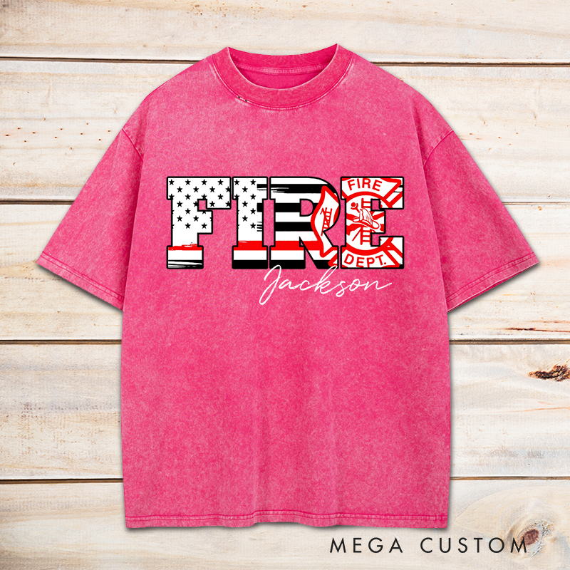 Personalized Firefighter Washed T-Shirt FIRE Lettering with Patriotic and Fire Dept Design Gift for Firefighters
